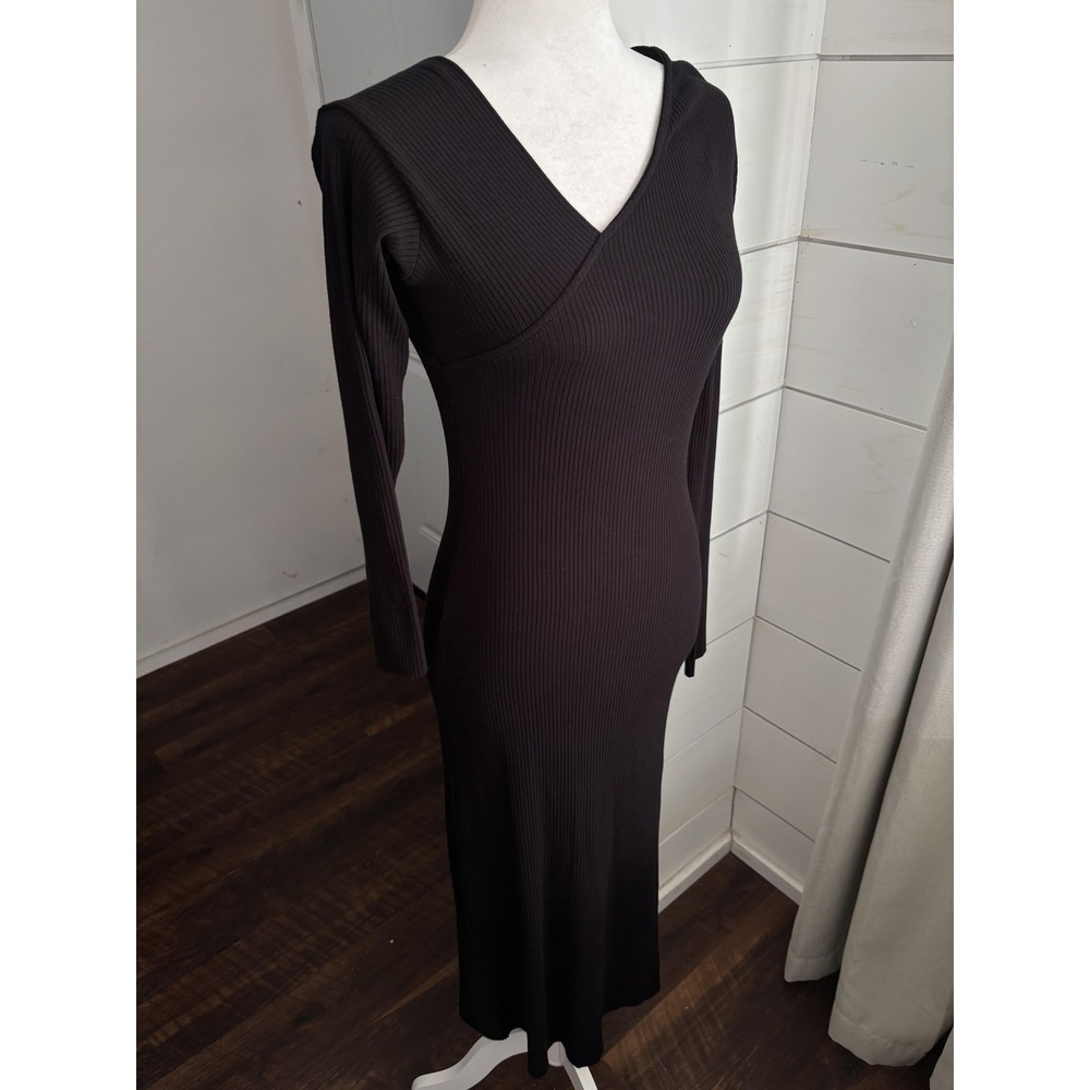 The Range Dress Womens Medium Black Ribbed Long Sleeve Midi Asymmetrical Bodycon